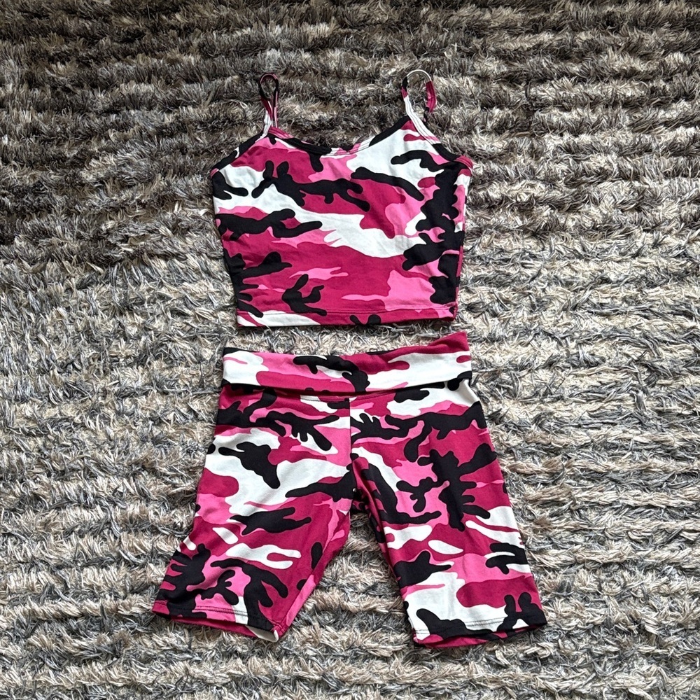 Pink Camo Spaghetti Strap Crop Top & Fold Over Waist Shorts Set Size S